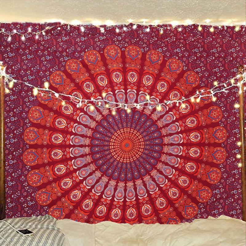 Bless International Indian hippie Bohemian Psychedelic Peacock Mandala Wall hanging Bedding Tapestry (Blue Red, King (88x104Inches)(225x265Cms)) - Image 1