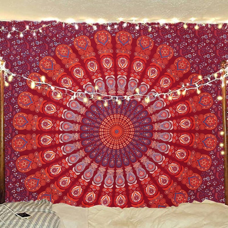 Bless International Indian hippie Bohemian Psychedelic Peacock Mandala Wall hanging Bedding Tapestry (Blue Red, King (88x104Inches)(225x265Cms)) - Image 5
