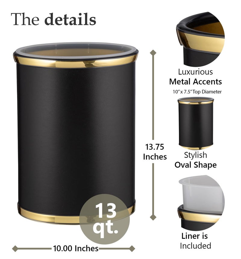 Kraftware Sophisticates Oval Wastebasket with Plastic Liner, Adding Classic Style to The Bathroom and All Other Rooms in The Home or Office, 13 Quart Capacity, Black with Gold Trim - Image 5