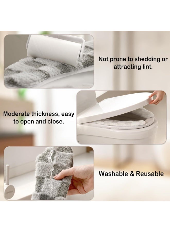 موثوقية التنبؤ غطاء مقعد مرحاض سميك ودافئ من القطيفة، وسادة قابلة للغسل وإعادة الاستخدام مع لاصق TPR ونمط مربّع للراحة والعزل (أبيض ورمادي) - Image 4
