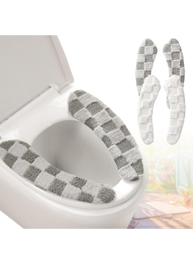 موثوقية التنبؤ غطاء مقعد مرحاض سميك ودافئ من القطيفة، وسادة قابلة للغسل وإعادة الاستخدام مع لاصق TPR ونمط مربّع للراحة والعزل (أبيض ورمادي) - Image 1