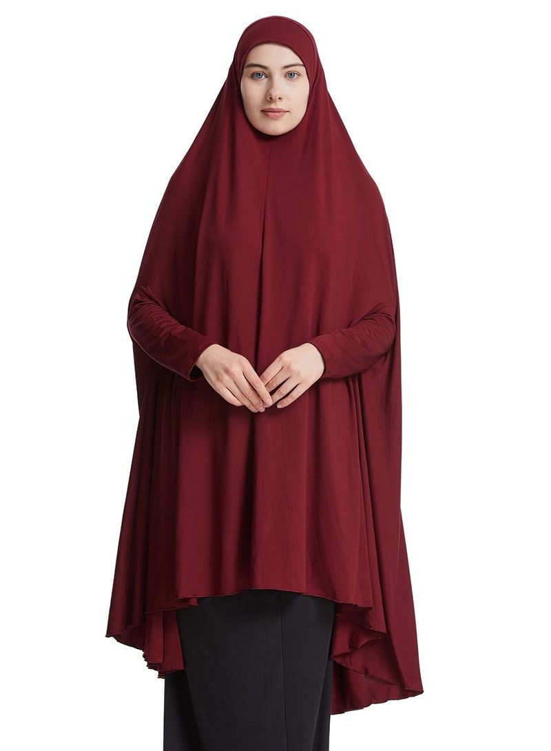 إسكدنيا Women's Solid Color Abaya Long Sleeve Thobe Robe With Hijab Wine Red - Image 1