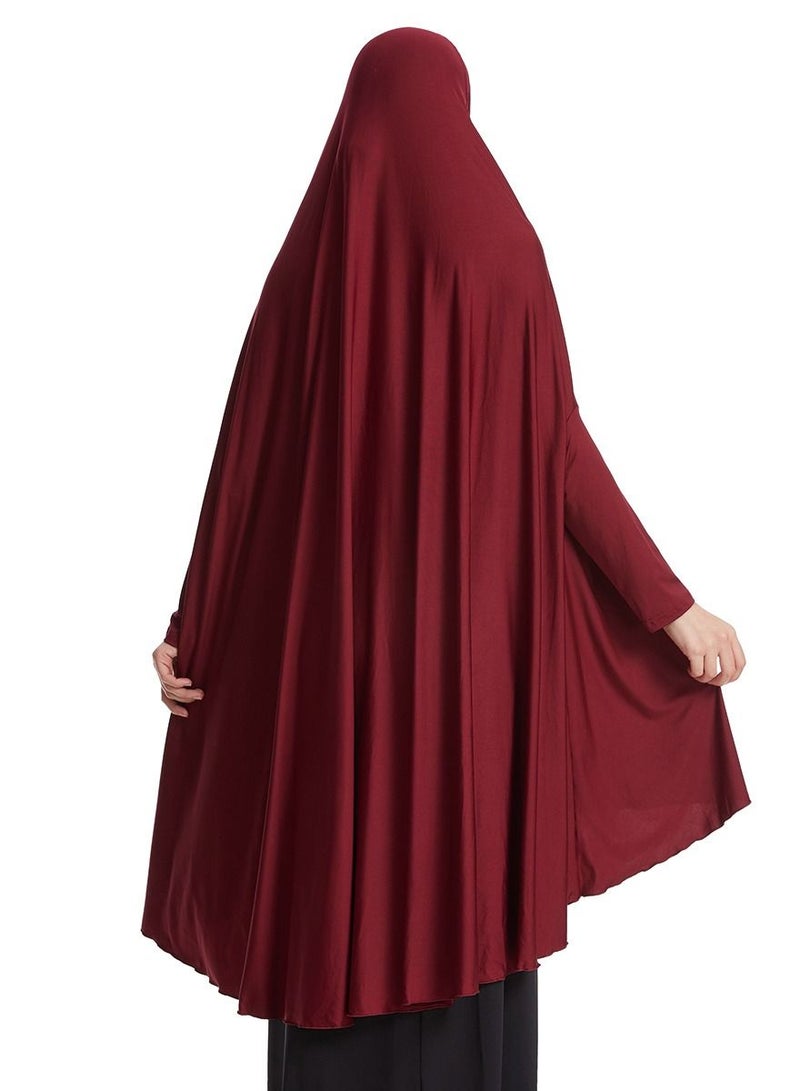 إسكدنيا Women's Solid Color Abaya Long Sleeve Thobe Robe With Hijab Wine Red - Image 3