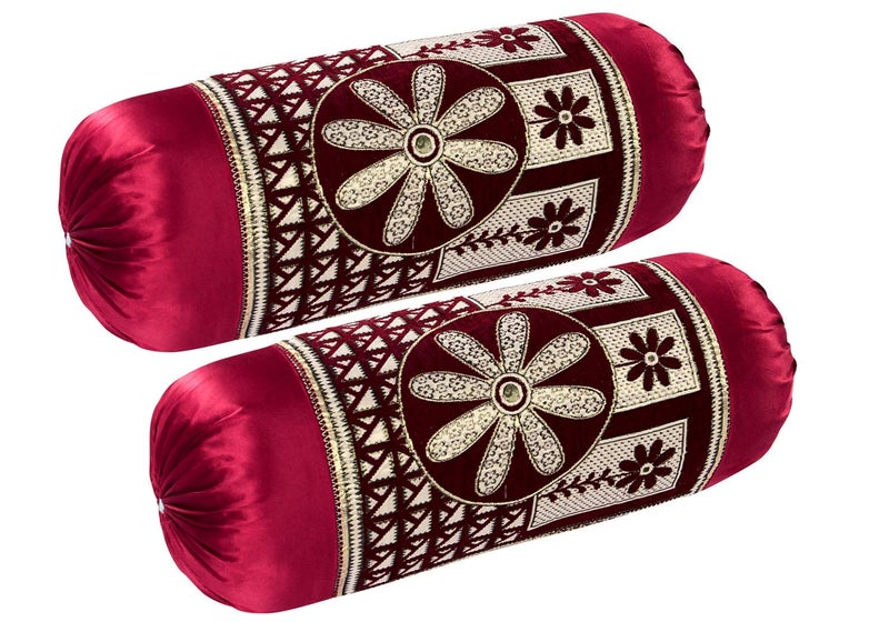 HSR Collection Chenille Velvet Luxury Round Bolsters Covers (32 x 16, Maroon) - Set of 4 - Image 2