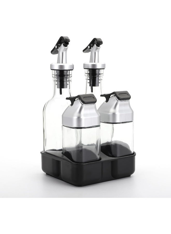 Jucoan 5 Pieces Oil Vinegar Dispenser Salt Pepper Shaker Set With Holder, 2 Pieces Glass Salt And Pepper Shakers+ 2 Pieces Olive Oil Vinegar Cruets +1 Storage Stand For Home Kitchen Restaurant Tabletop  - Image 4