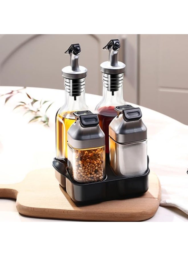Jucoan 5 Pieces Oil Vinegar Dispenser Salt Pepper Shaker Set With Holder, 2 Pieces Glass Salt And Pepper Shakers+ 2 Pieces Olive Oil Vinegar Cruets +1 Storage Stand For Home Kitchen Restaurant Tabletop  - Image 2