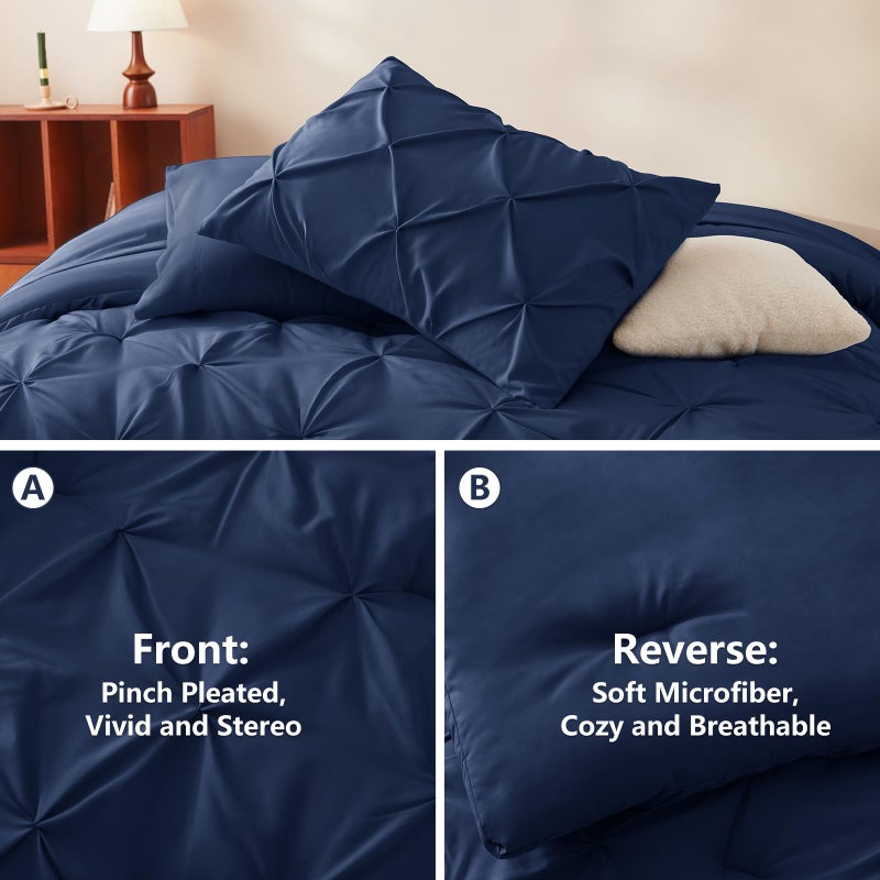 HIMEET Pintuck Bed in a Bag, 7 Pieces Queen Size Comforter Set Navy Blue, Pinch Pleat Bed in a Bag, Soft All Season Bedding Sets with Comforter, Flat Sheet, Fitted Sheet and Pillowcases & Shams - Image 3