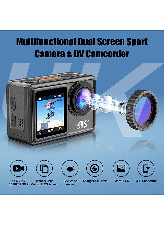 Generic 4K 24MP Dual Screen Sport Camera DV Camcorder 2.0 Inch Screen 170° Wide Angle EIS 40m Waterproof WiFi with Macro Lens Remote Control for Outdoor Sports  - Image 2