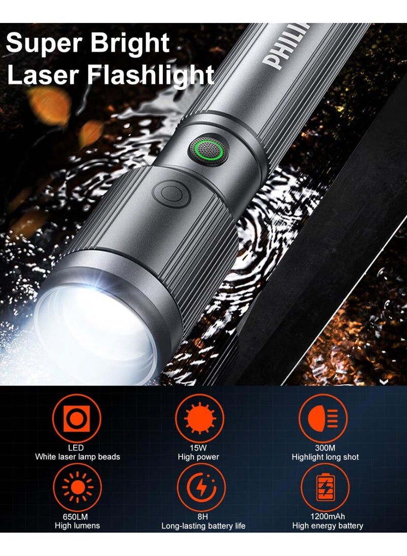 Philips 15 W Rechargeable LED Torch Light | 650 Lumens Brightness | 300 m Beam Range | Zoomable Focus | Stepless Dimming | 1200 mAh Battery | 5 Modes (High, Low, Dimming, Strobe, SOS) | Water- & Drop-Resistant Aluminium Flashlight for Home, Camping & Emergency Use grey - Image 2