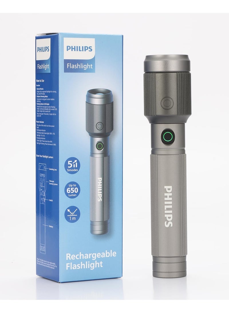 Philips 15 W Rechargeable LED Torch Light | 650 Lumens Brightness | 300 m Beam Range | Zoomable Focus | Stepless Dimming | 1200 mAh Battery | 5 Modes (High, Low, Dimming, Strobe, SOS) | Water- & Drop-Resistant Aluminium Flashlight for Home, Camping & Emergency Use grey - Image 1