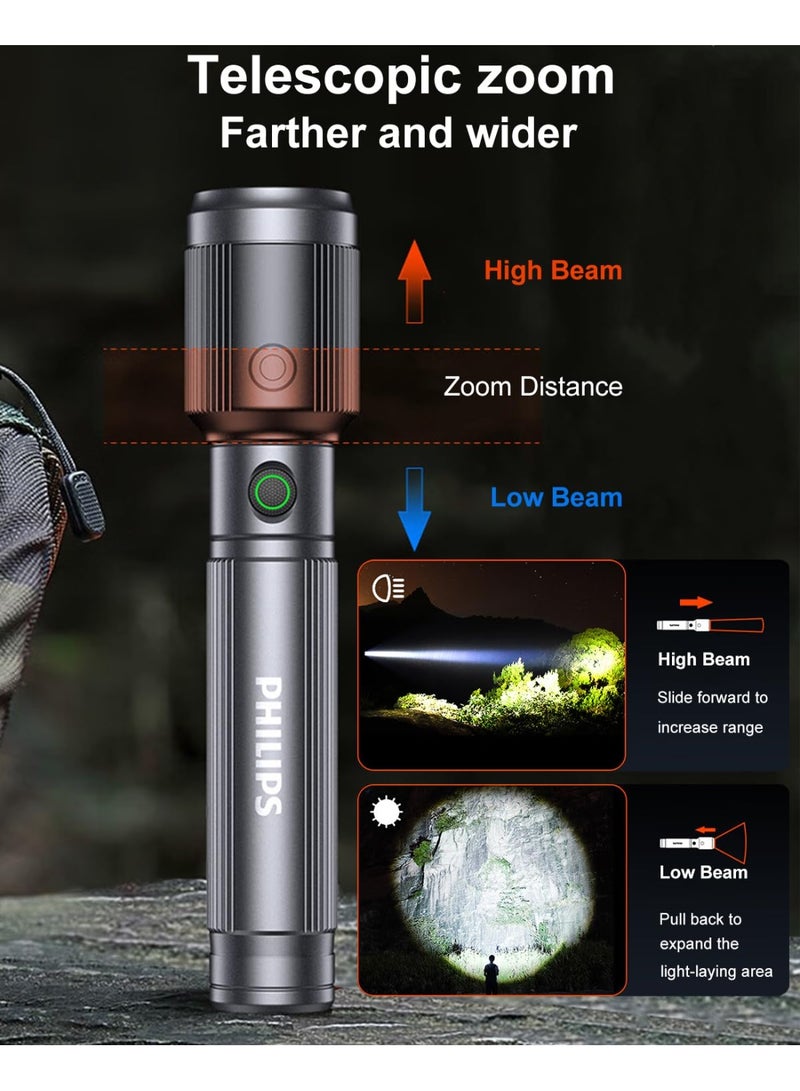 Philips 15 W Rechargeable LED Torch Light | 650 Lumens Brightness | 300 m Beam Range | Zoomable Focus | Stepless Dimming | 1200 mAh Battery | 5 Modes (High, Low, Dimming, Strobe, SOS) | Water- & Drop-Resistant Aluminium Flashlight for Home, Camping & Emergency Use grey - Image 3