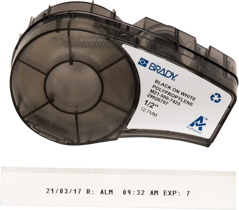 Brady Authentic (M21-500-7425) Chemical and Temp Resistant Label for Lab, Asset Tracking, and Datacom Labeling, Black on White- For M210, M210-LAB, M211, BMP21-PLUS and BMP21-LAB Printers, .5" W 21' L - Image 1