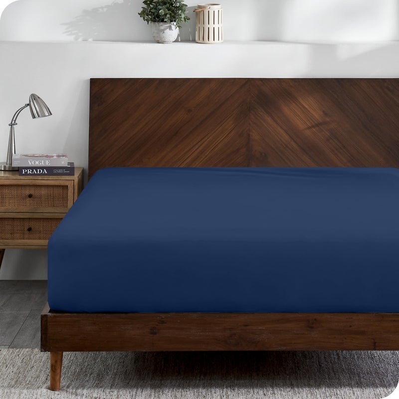 Bare Home Bare Home 100% Organic Cotton Jersey Fitted Sheet - Queen Size - Ultra Soft - Deep Pocket Fitted Sheet - 100% Cotton - Ring Spun Yarns (Queen  Dark Blue)  - Image 1