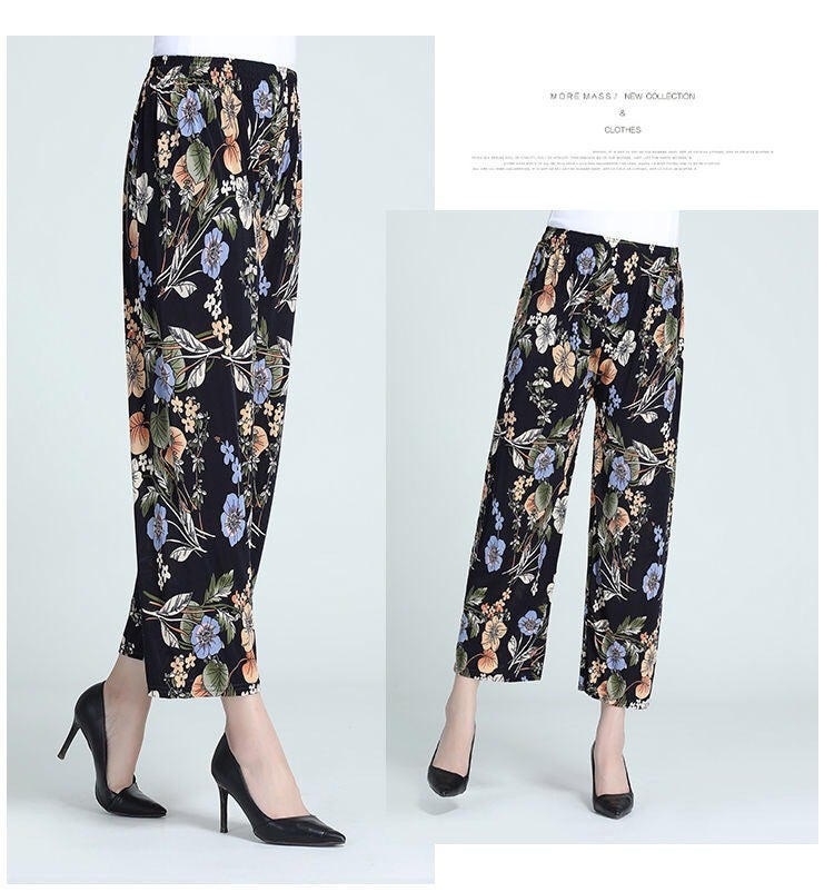 Summer Womens Ice Silk Pants Middle-aged and Elderly Loose Casual Home Pants Elacto Plus Fat Mother Pants Square Sports No.7 Cropped Straight Pants 