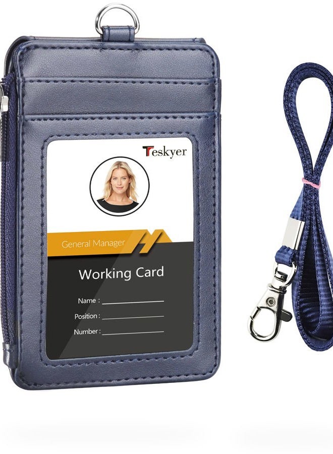Teskyer Badge Holder with Side Zip Pocket, Multiple Card Slots Leather ID Holder Wallet with Neck Lanyard for Office Staffs, Teachers/Students, Couriers, Workers, Blue - Image 1