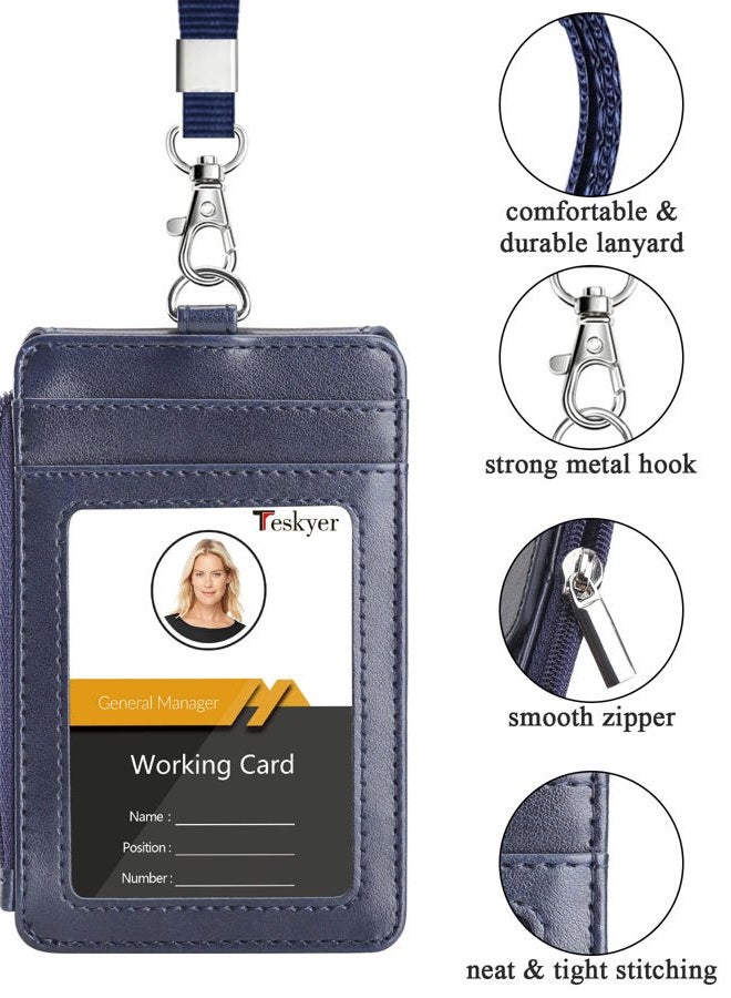 Teskyer Badge Holder with Side Zip Pocket, Multiple Card Slots Leather ID Holder Wallet with Neck Lanyard for Office Staffs, Teachers/Students, Couriers, Workers, Blue - Image 3