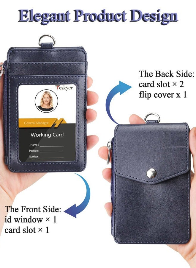 Teskyer Badge Holder with Side Zip Pocket, Multiple Card Slots Leather ID Holder Wallet with Neck Lanyard for Office Staffs, Teachers/Students, Couriers, Workers, Blue - Image 4