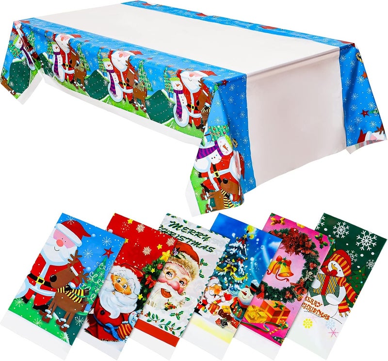 Irenare 6 Pack Christmas Tablecloth Plastic Santa Claus Table Cover 425 x 70 Inches Waterproof Table Cloth Disposable Snowman Tablecloth for Christmas Party Home Dining Table Supplies 6 Styles - Image 1