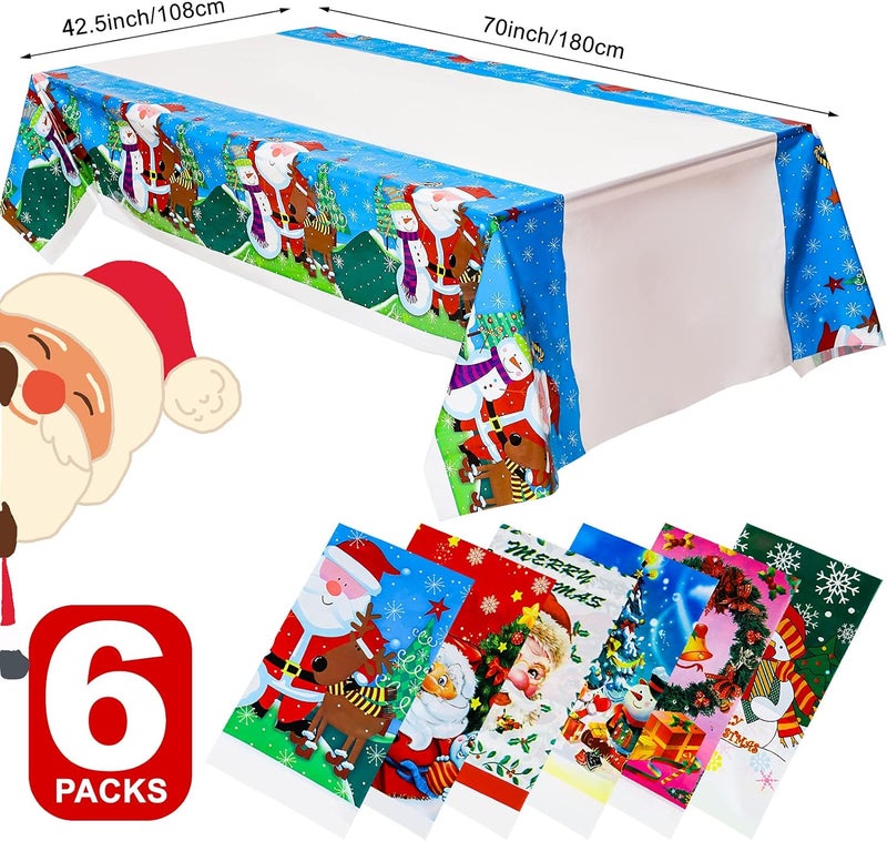 Irenare 6 Pack Christmas Tablecloth Plastic Santa Claus Table Cover 425 x 70 Inches Waterproof Table Cloth Disposable Snowman Tablecloth for Christmas Party Home Dining Table Supplies 6 Styles - Image 2