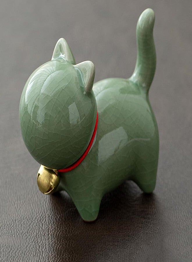 Rayberro Ceramic Cat Figurine, Miniature Lucky Cat Statue, Mini Cute Cat Sculpture, Tea Pet Cat Tabletop Ornaments, Home Office Decoration, Micro Landscape Fairy Garden Decor, Car Dashboard Decor (Green) - Image 3