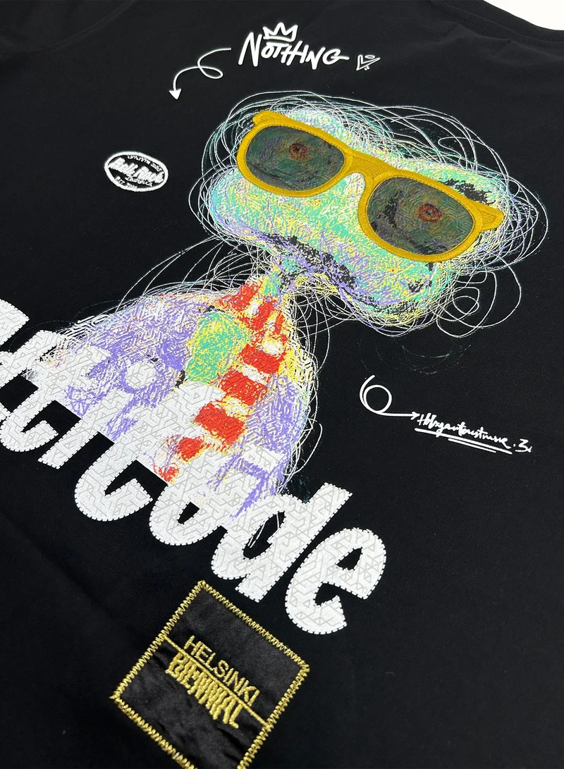 مانياك Maniac Mens Attitude Printed Round Neck 3/4th Sleeve Black Cotton Oversized T-Shirt