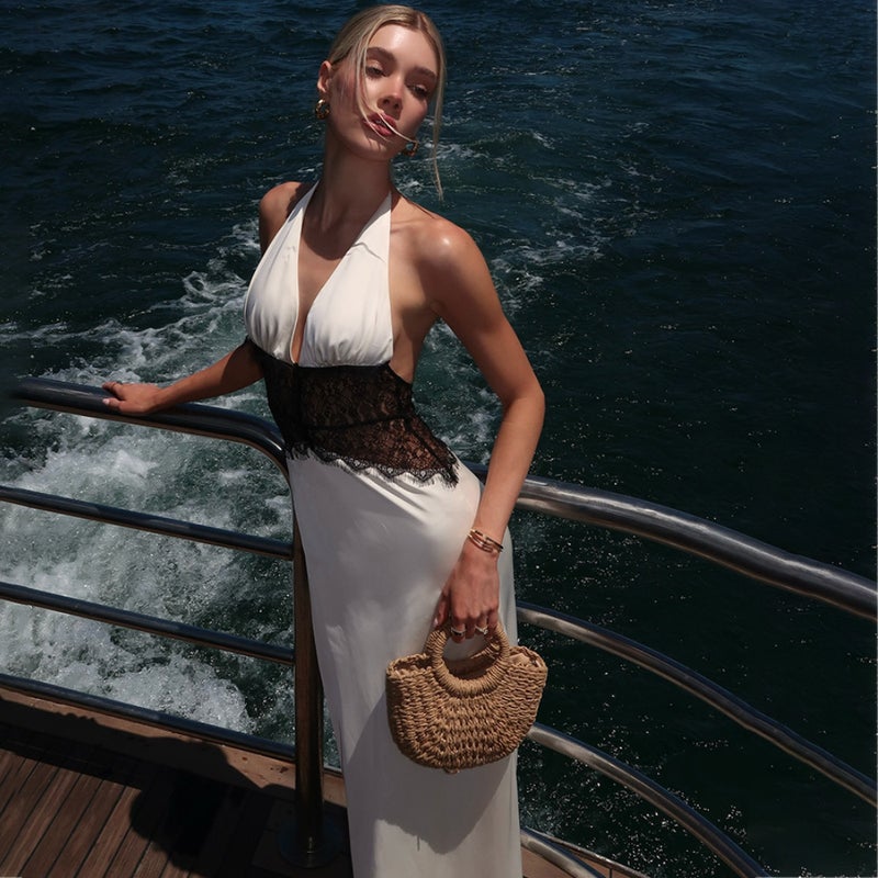 Lace Backless Halter Deep V Neck Sleeveless Beach Vacation Dress - Image 3