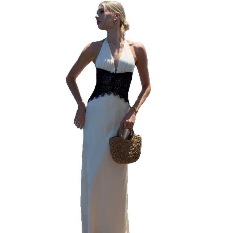 Lace Backless Halter Deep V Neck Sleeveless Beach Vacation Dress - Image 5