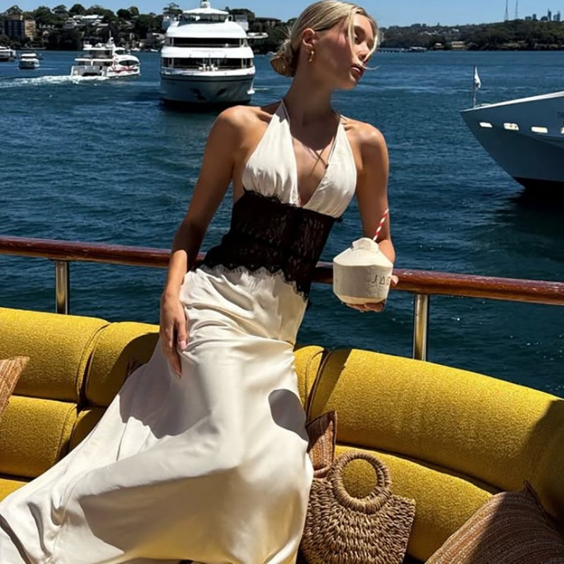 Lace Backless Halter Deep V Neck Sleeveless Beach Vacation Dress - Image 4