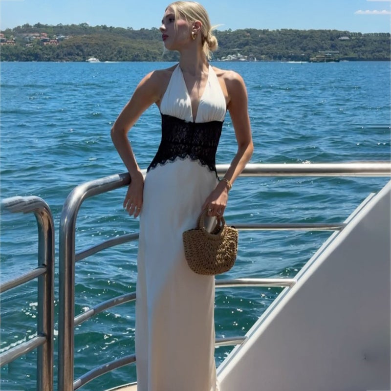Lace Backless Halter Deep V Neck Sleeveless Beach Vacation Dress - Image 1