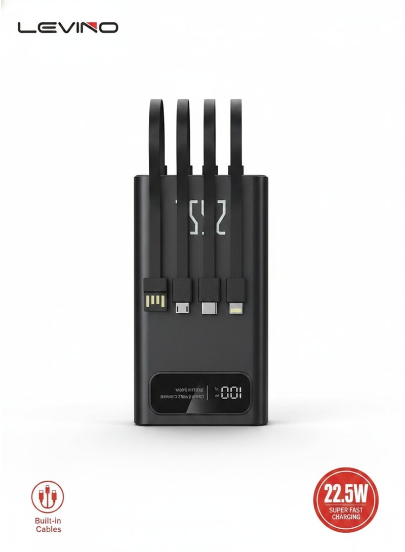 شاحن محمول N-66 بسعة 10000 مللي أمبير، يدعم الشحن السريع بقدرة 22.5 واط، مزود بكابلات متعددة مدمجة، ومنفذ USB-C.