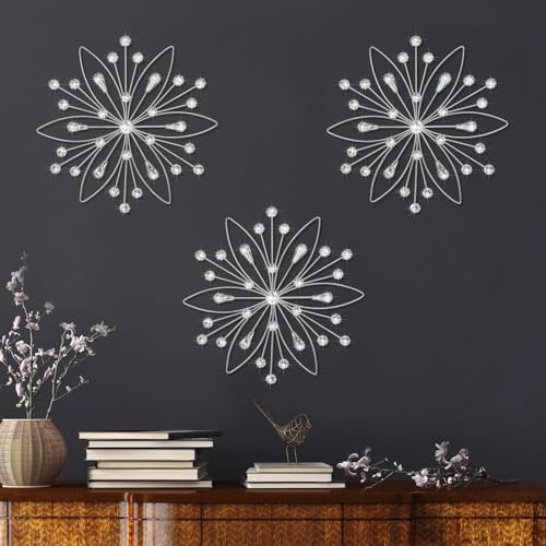 ZEXUIRU 3 Set Silver Starburst Wall Art for Home Decor Metal Bling Crystal Rhinestones Sunburst Wall Decor Sparkling Rhinestone Art Accent Silver 13in - Image 1