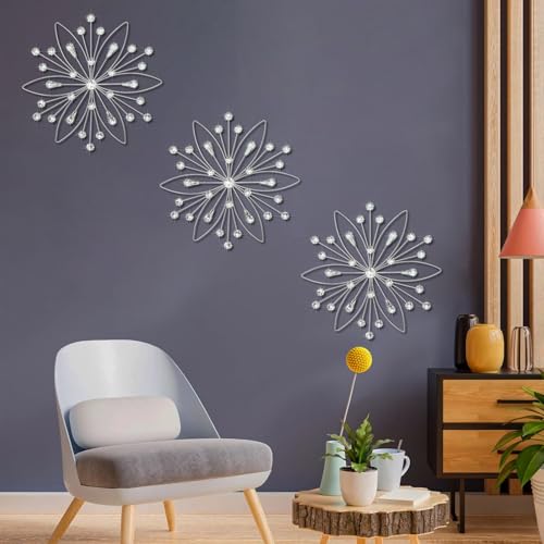 ZEXUIRU 3 Set Silver Starburst Wall Art for Home Decor Metal Bling Crystal Rhinestones Sunburst Wall Decor Sparkling Rhinestone Art Accent Silver 13in - Image 3