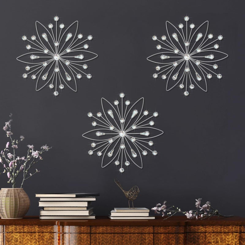 ZEXUIRU 3 Set Silver Starburst Wall Art for Home Decor Metal Bling Crystal Rhinestones Sunburst Wall Decor Sparkling Rhinestone Art Accent Silver 13in - Image 2
