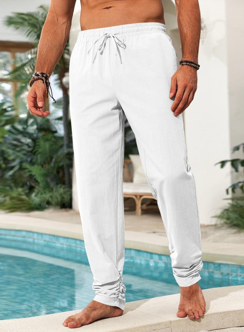 Mens Kaftan Thobe Pants Cotton Casual Elastic Waist Drawstring Muslim Trousers Summer Yoga Kurta Pants with Pockets