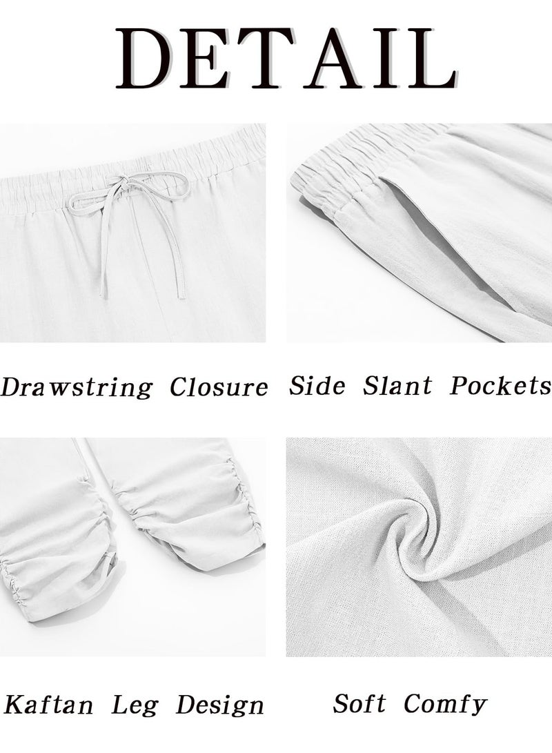 Mens Kaftan Thobe Pants Cotton Casual Elastic Waist Drawstring Muslim Trousers Summer Yoga Kurta Pants with Pockets