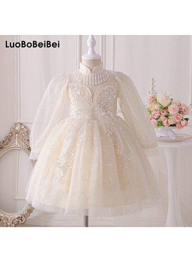 Luobobeibei Children's Princess Dress, Spring And Summer Puffy Skirt, Stylish Formal Dress, Girls' Wedding Performance Costume, Champagne Color, Size 120 - Image 1