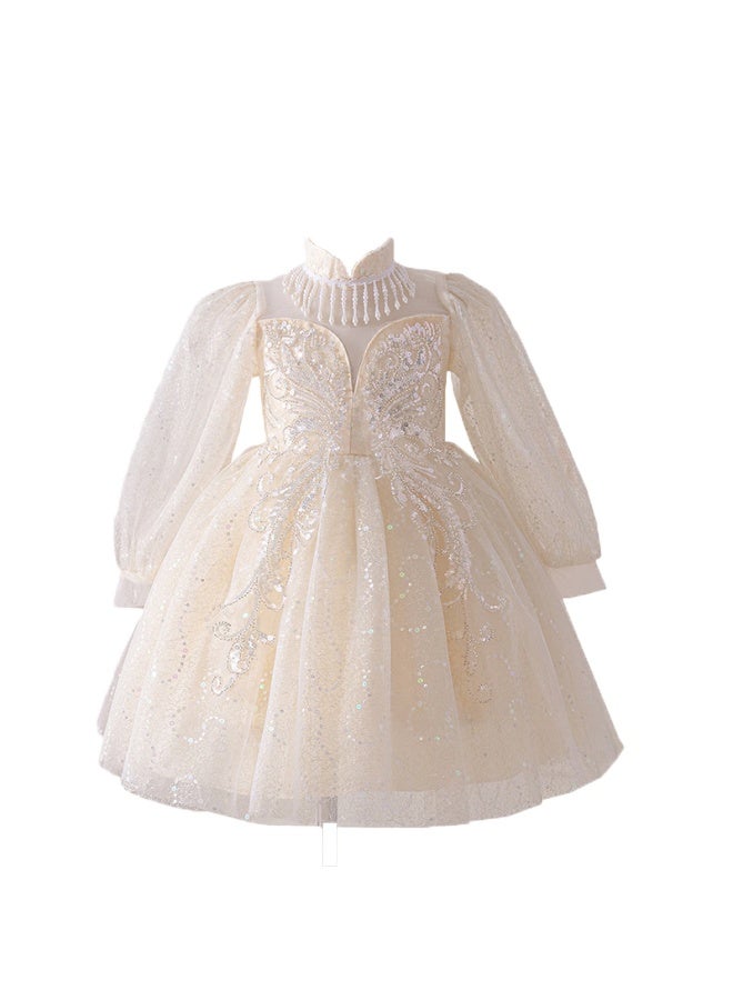 Luobobeibei Children's Princess Dress, Spring And Summer Puffy Skirt, Stylish Formal Dress, Girls' Wedding Performance Costume, Champagne Color, Size 120 - Image 4