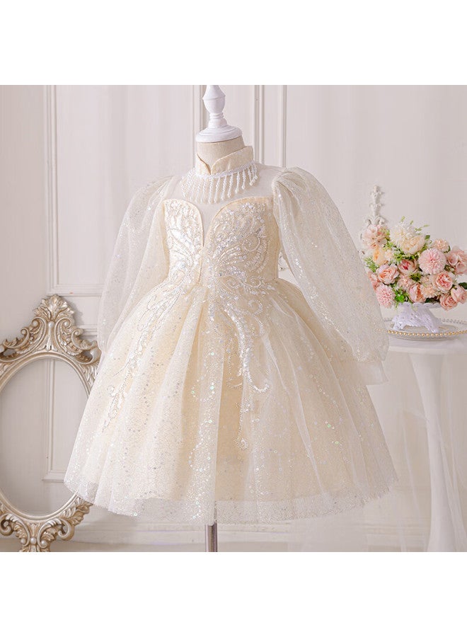 Luobobeibei Children's Princess Dress, Spring And Summer Puffy Skirt, Stylish Formal Dress, Girls' Wedding Performance Costume, Champagne Color, Size 120 - Image 3