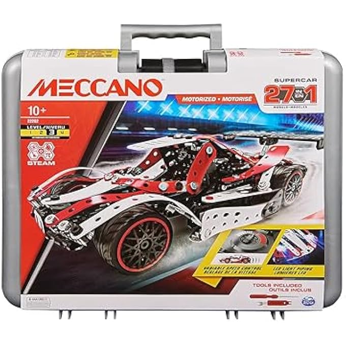 Meccano 27-IN-1 MOTORIZED SUPERCAR STEM MODEL BUILDING KIT 466 COUNT - Image 2