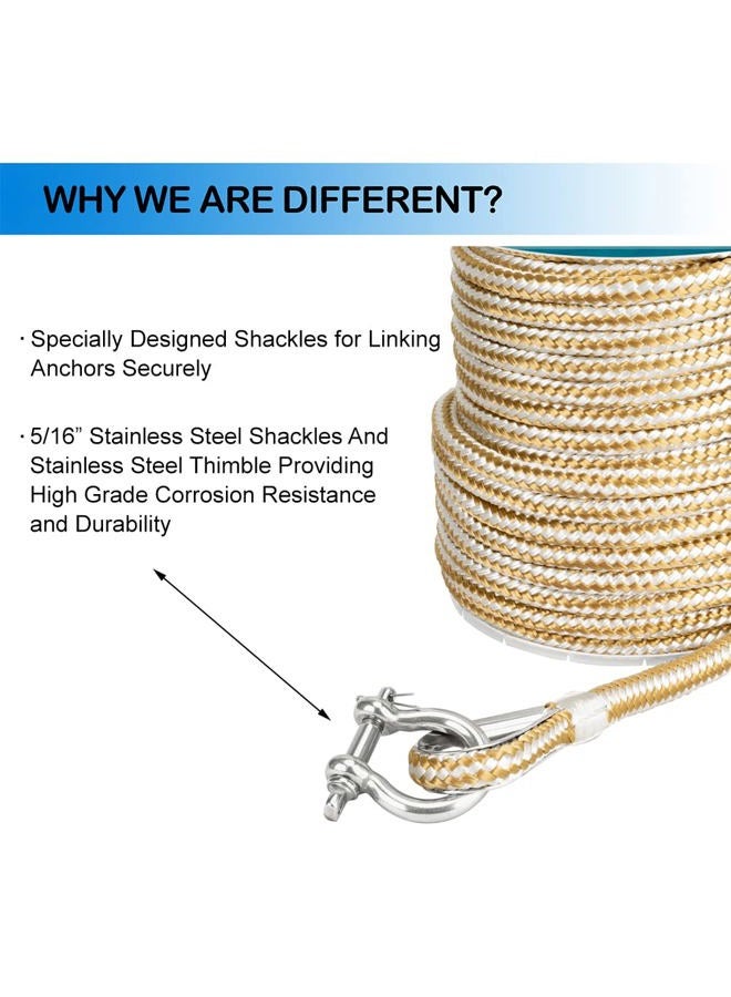 MARINE SYSTEM Made 3/8 Inch 100FT 150FT Gold/White Nylon Anchor Line Double Braided Anchor Rope/Line with Thimble (3/8" x 100') - Image 2