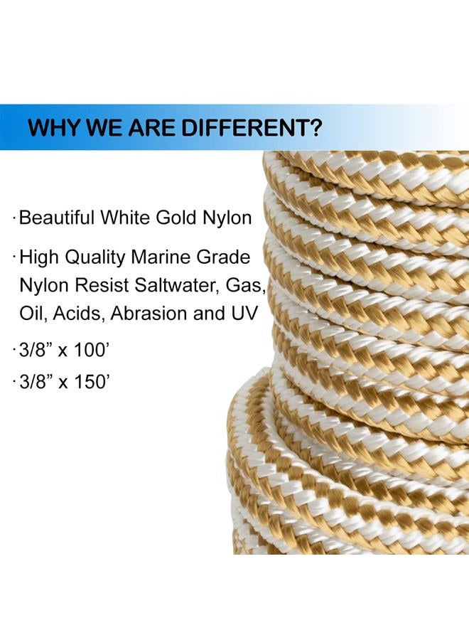 MARINE SYSTEM Made 3/8 Inch 100FT 150FT Gold/White Nylon Anchor Line Double Braided Anchor Rope/Line with Thimble (3/8" x 100') - Image 3