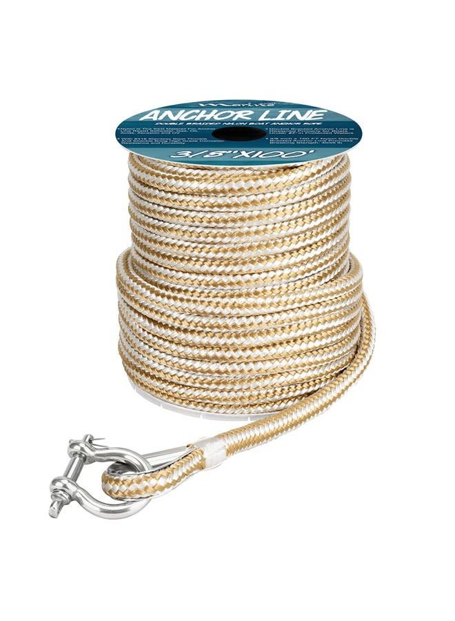MARINE SYSTEM Made 3/8 Inch 100FT 150FT Gold/White Nylon Anchor Line Double Braided Anchor Rope/Line with Thimble (3/8" x 100') - Image 1