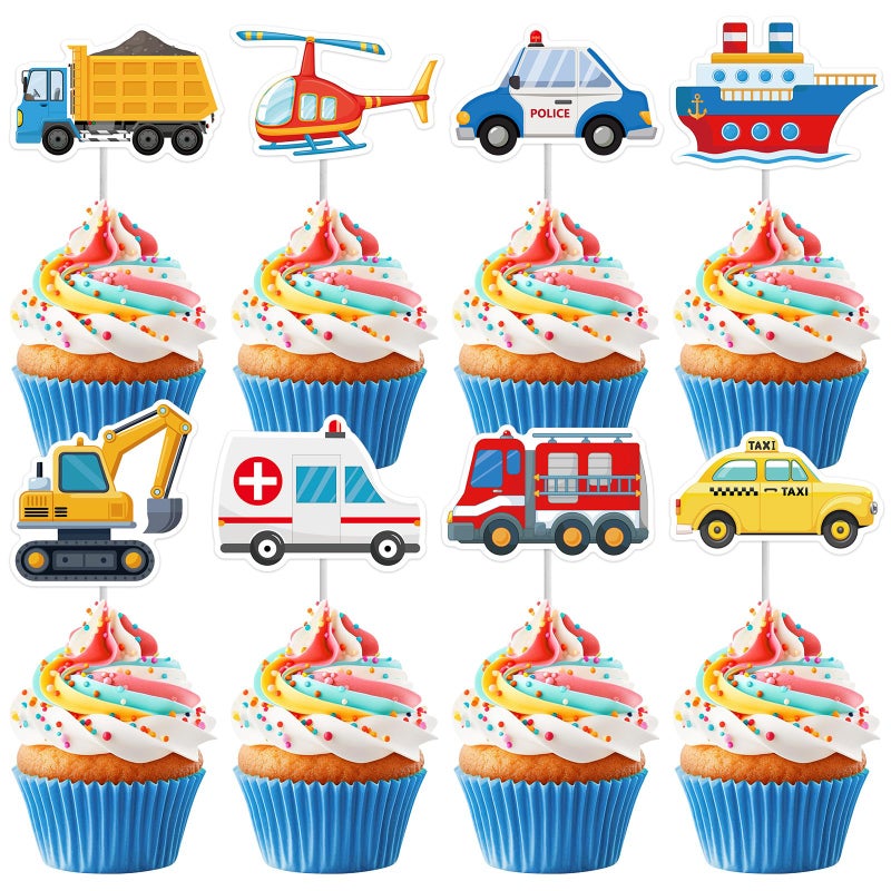 Machomby 40Pcs Transportation Cupcake Toppers Cute Car Truck Airplane Ship Cupcake Picks Transportation Cake Topper Picks for Kids Birthday Baby Shower Vehicle Party Cake Toppers Decorations - Image 3