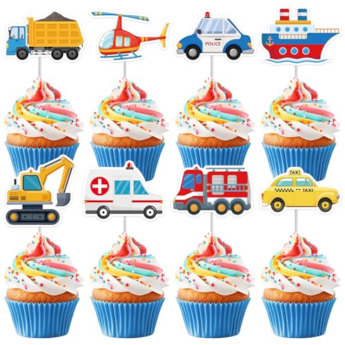 Machomby 40Pcs Transportation Cupcake Toppers Cute Car Truck Airplane Ship Cupcake Picks Transportation Cake Topper Picks for Kids Birthday Baby Shower Vehicle Party Cake Toppers Decorations - Image 1