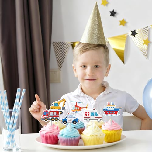 Machomby 40Pcs Transportation Cupcake Toppers Cute Car Truck Airplane Ship Cupcake Picks Transportation Cake Topper Picks for Kids Birthday Baby Shower Vehicle Party Cake Toppers Decorations - Image 5