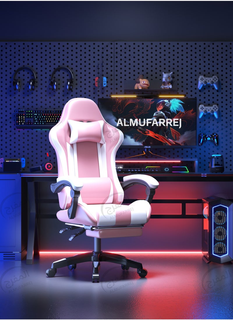 ALMUFARREJ - Gaming Chair Adjustable Computer Chair PC Office PU Leather High Back Lumbar Support comfortable armrest Headrest Pink and White / BLACK - Image 1