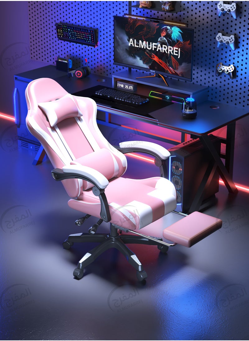 ALMUFARREJ - Gaming Chair Adjustable Computer Chair PC Office PU Leather High Back Lumbar Support comfortable armrest Headrest Pink and White / BLACK - Image 1