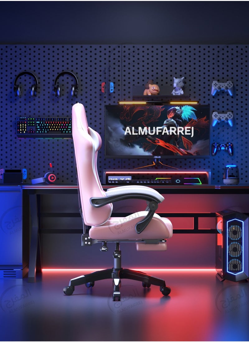 ALMUFARREJ - Gaming Chair Adjustable Computer Chair PC Office PU Leather High Back Lumbar Support comfortable armrest Headrest Pink and White / BLACK - Image 1