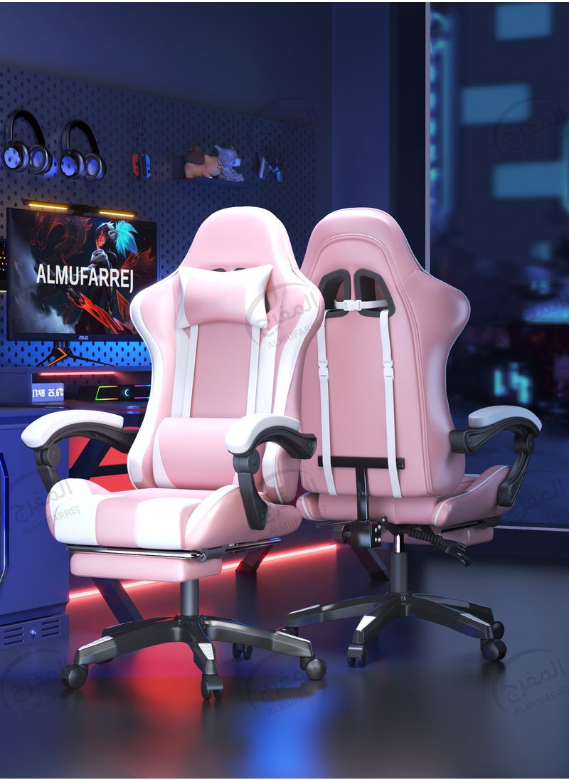 ALMUFARREJ - Gaming Chair Adjustable Computer Chair PC Office PU Leather High Back Lumbar Support comfortable armrest Headrest Pink and White / BLACK - Image 1