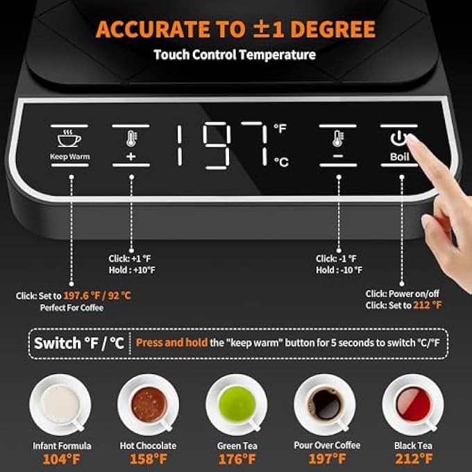 كاست ويف غلاية كهربائية على شكل عنق الإوزة مع تحكم دقيق في درجة الحرارة 1200 واط تسخين سريع بنقرة واحدة 197 إعدادًا مسبقًا لصب القهوة والشاي 08 لتر من الفولاذ المقاوم للصدأ للحفاظ على الدفء لمدة 12 ساعة - Image 3